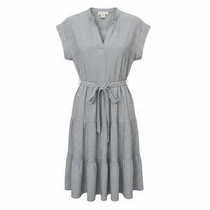 Striped Tiered Midi Dress with Waist Tie - Blue/White